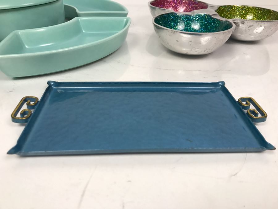 Mid-Century Pottery Chip & Dip Vegetable Tray, Moire Glaze KYES Handmade Tray Pasadena, CA And Metal Tri-Color Glitter Tray [Photo 9]