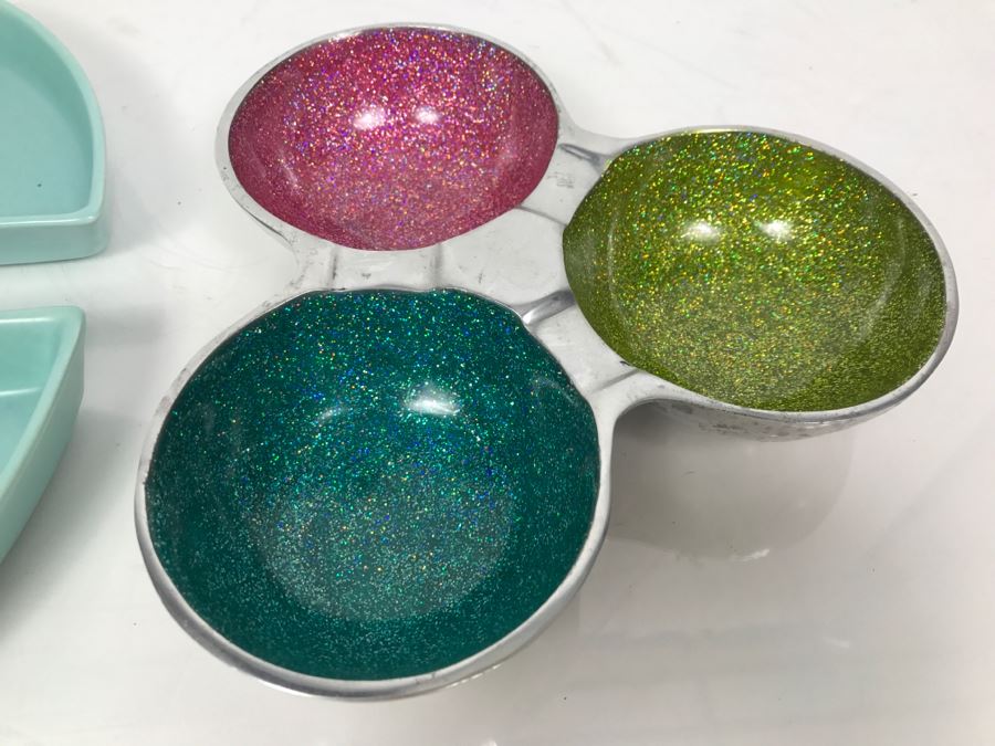 Mid-Century Pottery Chip & Dip Vegetable Tray, Moire Glaze KYES Handmade Tray Pasadena, CA And Metal Tri-Color Glitter Tray [Photo 6]