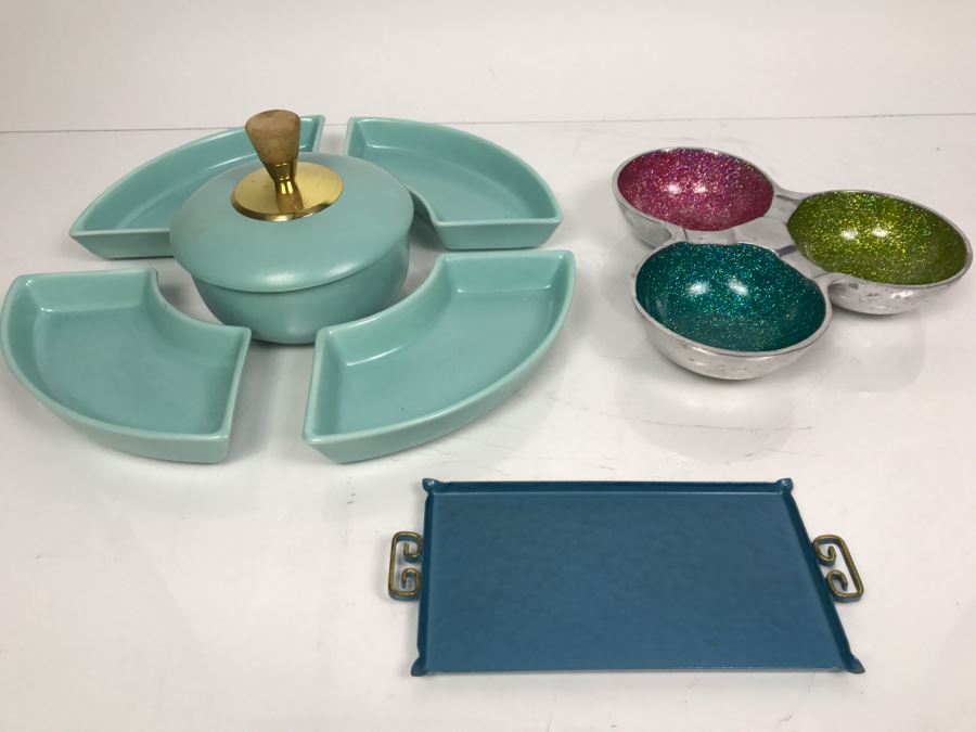 Mid-Century Pottery Chip & Dip Vegetable Tray, Moire Glaze KYES Handmade Tray Pasadena, CA And Metal Tri-Color Glitter Tray [Photo 1]