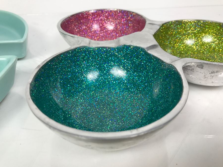 Mid-Century Pottery Chip & Dip Vegetable Tray, Moire Glaze KYES Handmade Tray Pasadena, CA And Metal Tri-Color Glitter Tray [Photo 7]