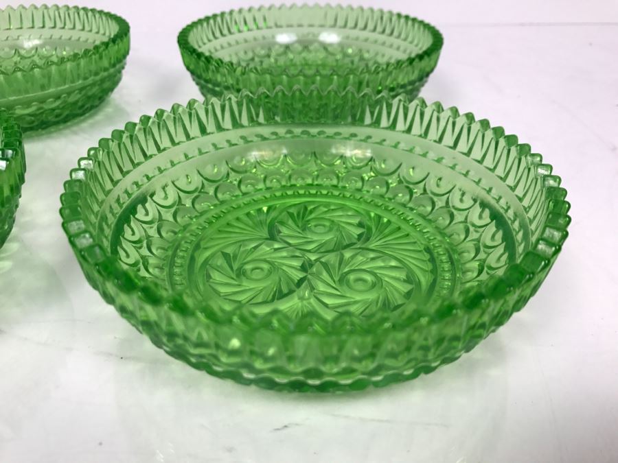 Set Of (4) Green Vaseline Glass Bowls