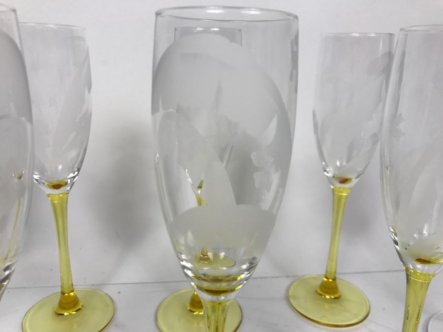 Pair Of Kate Spade His And Her Glasses, (6) Yellow Stem French Stemware With Etched Palms And Pair Of Bormioli Rocco Wine Glasses [Photo 9]