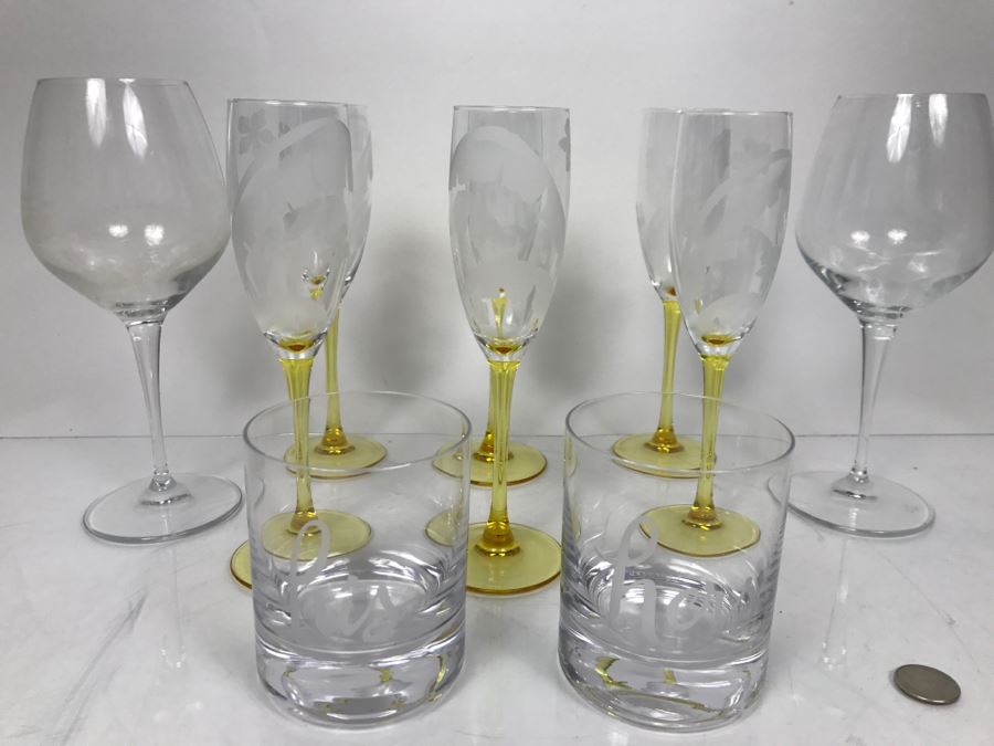 Pair Of Kate Spade His And Her Glasses, (6) Yellow Stem French Stemware With Etched Palms And Pair Of Bormioli Rocco Wine Glasses