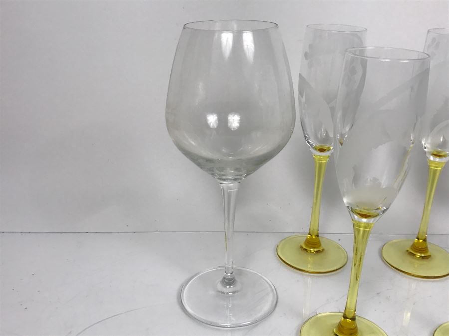 Pair Of Kate Spade His And Her Glasses, (6) Yellow Stem French Stemware With Etched Palms And Pair Of Bormioli Rocco Wine Glasses [Photo 13]