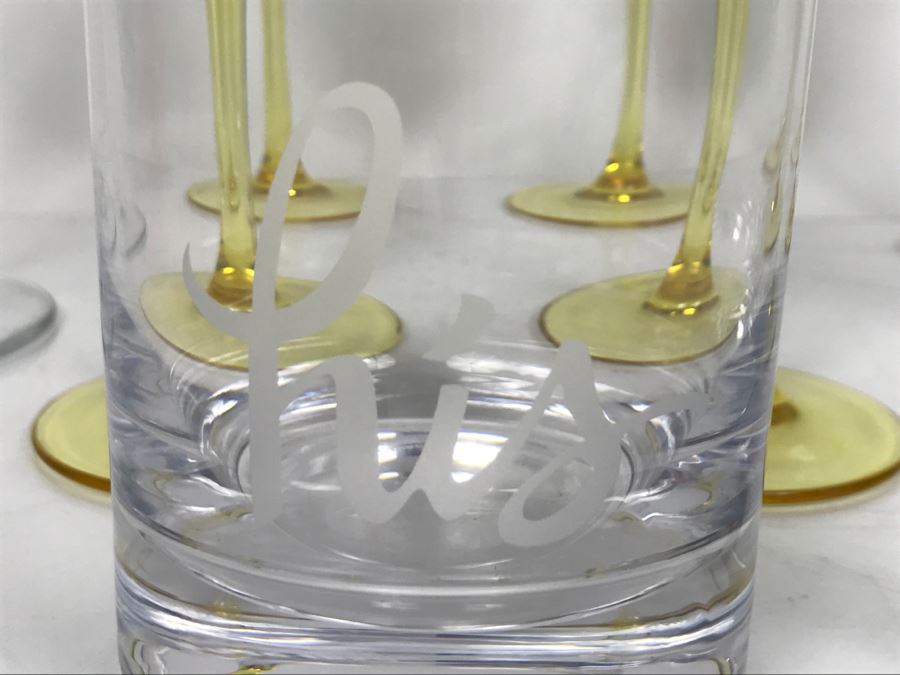 Pair Of Kate Spade His And Her Glasses, (6) Yellow Stem French Stemware With Etched Palms And Pair Of Bormioli Rocco Wine Glasses [Photo 3]