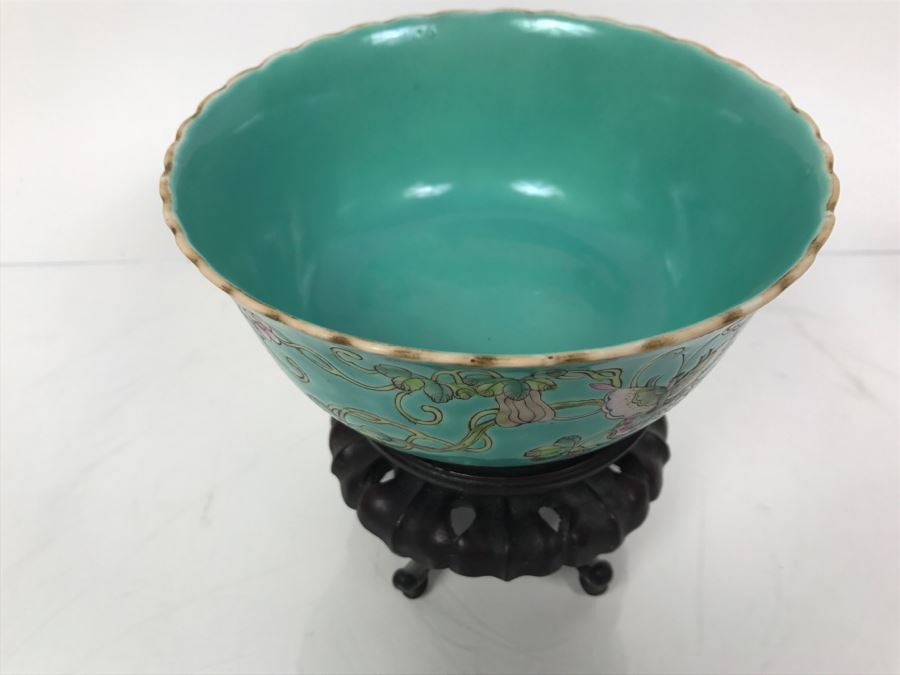 Vintage Signed Chinese Porcelain Bowl With Wooden Stand [Photo 11]