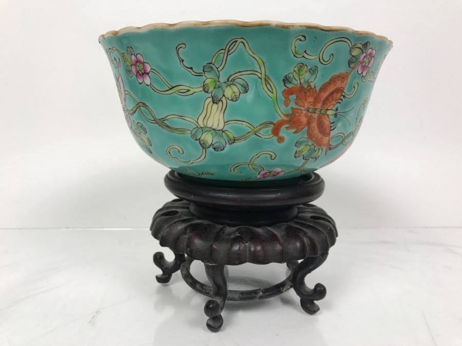 Vintage Signed Chinese Porcelain Bowl With Wooden Stand [Photo 1]