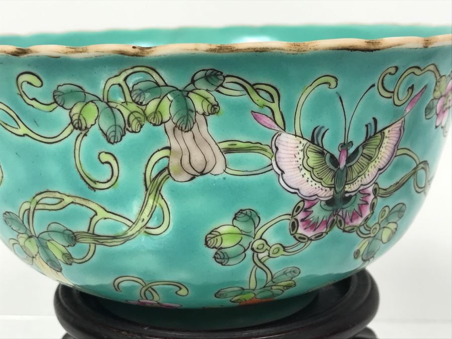 Vintage Signed Chinese Porcelain Bowl With Wooden Stand [Photo 10]