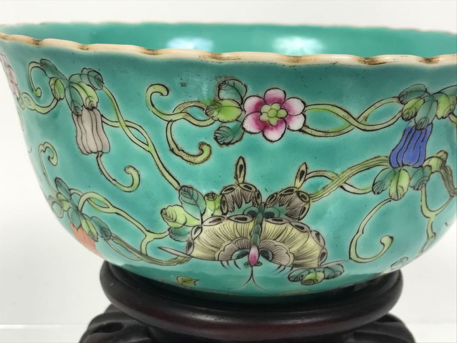 Vintage Signed Chinese Porcelain Bowl With Wooden Stand [Photo 6]