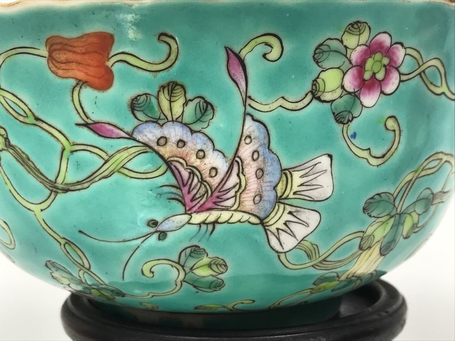 Vintage Signed Chinese Porcelain Bowl With Wooden Stand [Photo 9]
