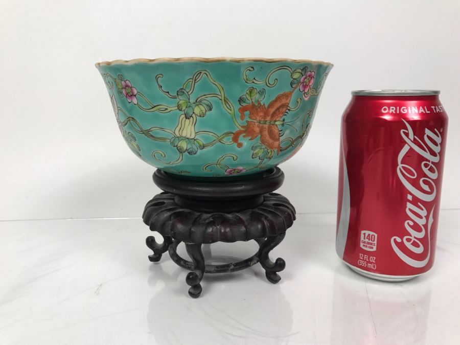 Vintage Signed Chinese Porcelain Bowl With Wooden Stand [Photo 2]