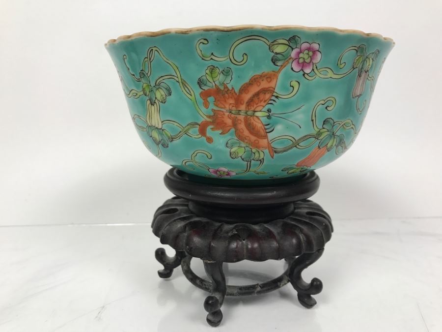 Vintage Signed Chinese Porcelain Bowl With Wooden Stand [Photo 4]