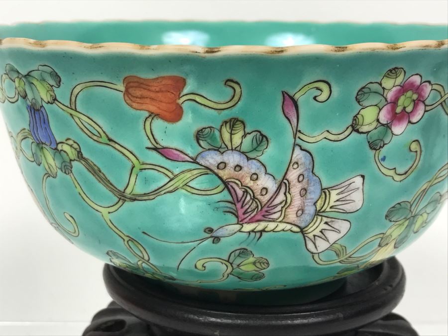 Vintage Signed Chinese Porcelain Bowl With Wooden Stand [Photo 8]