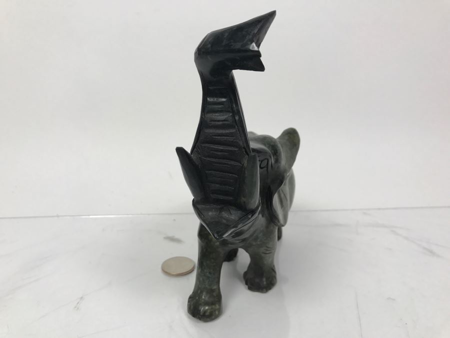 Hand Carved Green Stone Elephant Sculpture With Raised Trunk [Photo 7]
