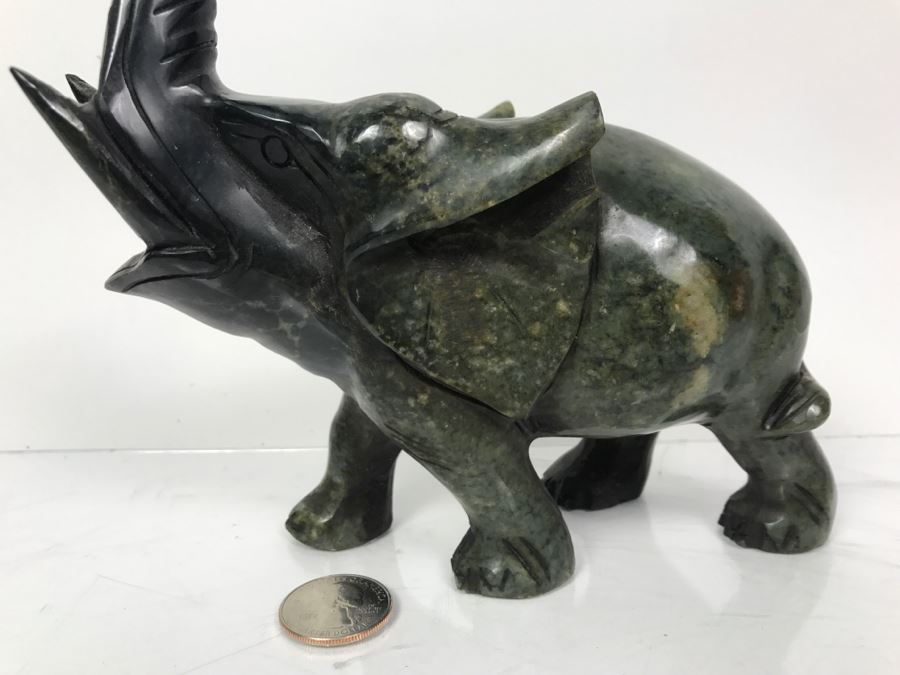 Hand Carved Green Stone Elephant Sculpture With Raised Trunk [Photo 4]