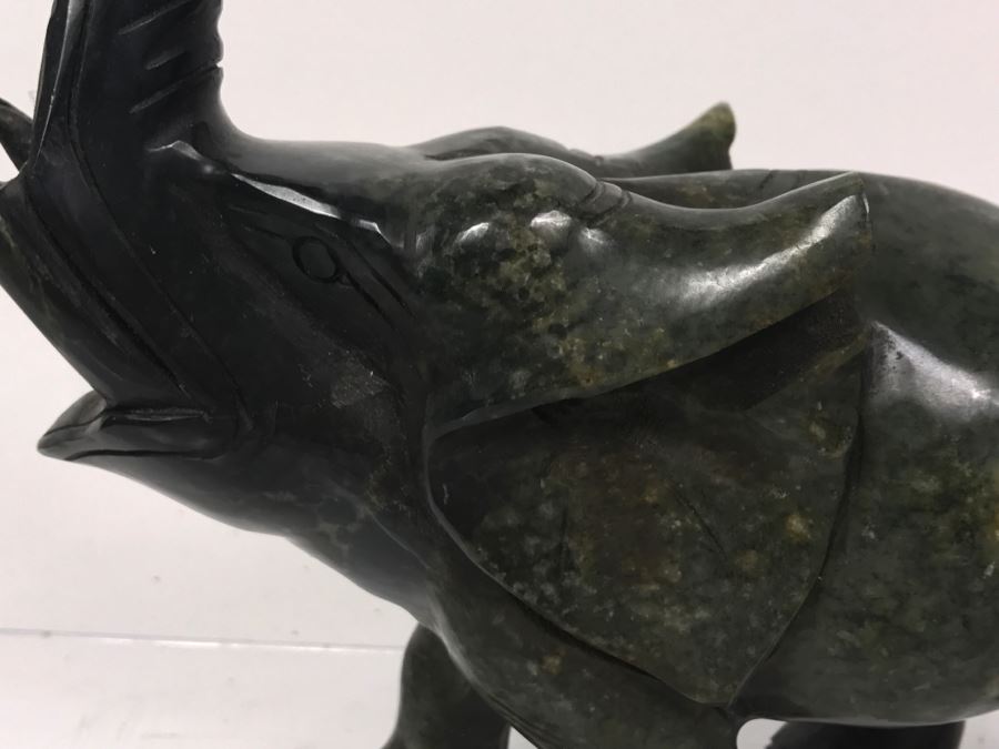Hand Carved Green Stone Elephant Sculpture With Raised Trunk [Photo 6]