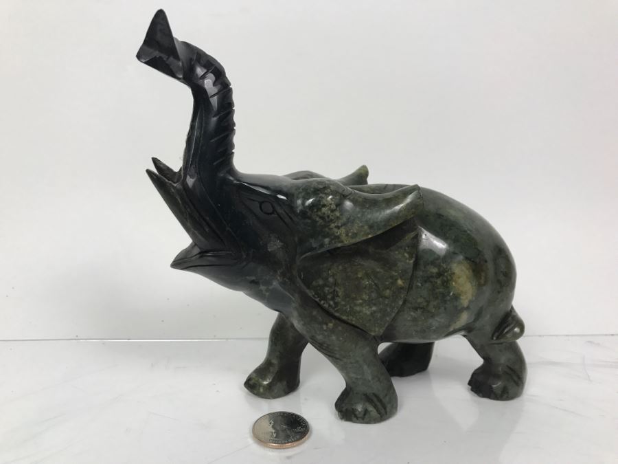 Hand Carved Green Stone Elephant Sculpture With Raised Trunk [Photo 2]