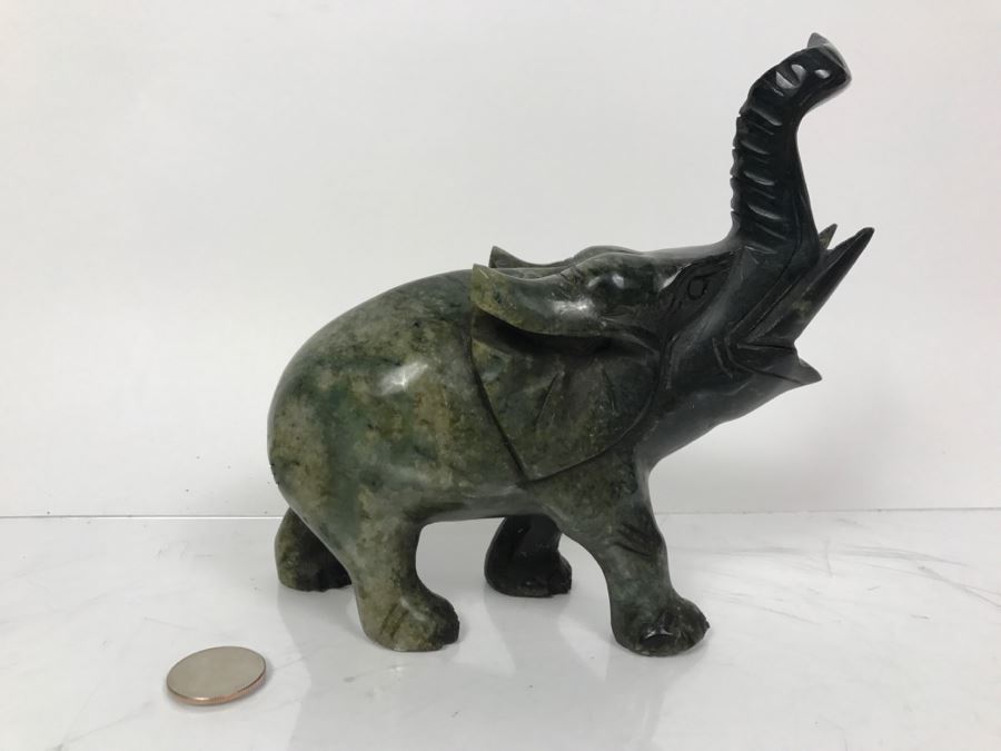 Hand Carved Green Stone Elephant Sculpture With Raised Trunk [Photo 8]