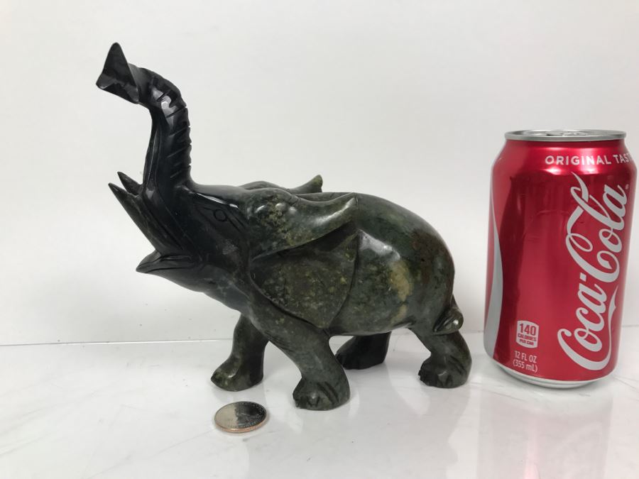 Hand Carved Green Stone Elephant Sculpture With Raised Trunk