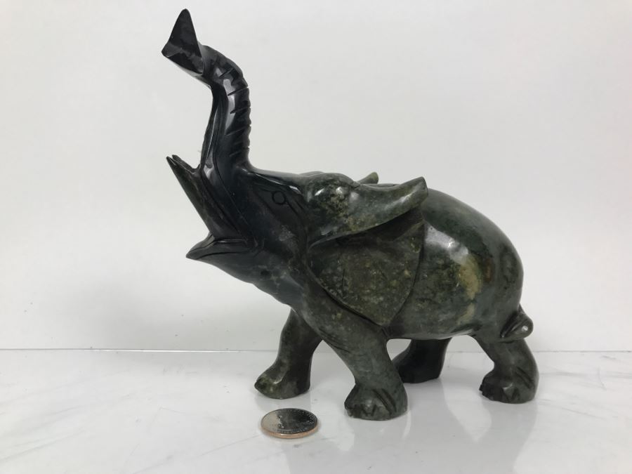 Hand Carved Green Stone Elephant Sculpture With Raised Trunk [Photo 3]