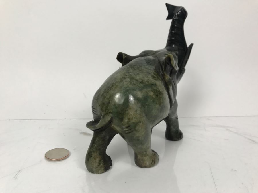 Hand Carved Green Stone Elephant Sculpture With Raised Trunk [Photo 11]