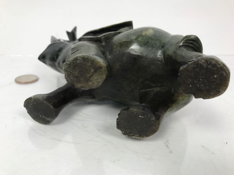 Hand Carved Green Stone Elephant Sculpture With Raised Trunk [Photo 13]