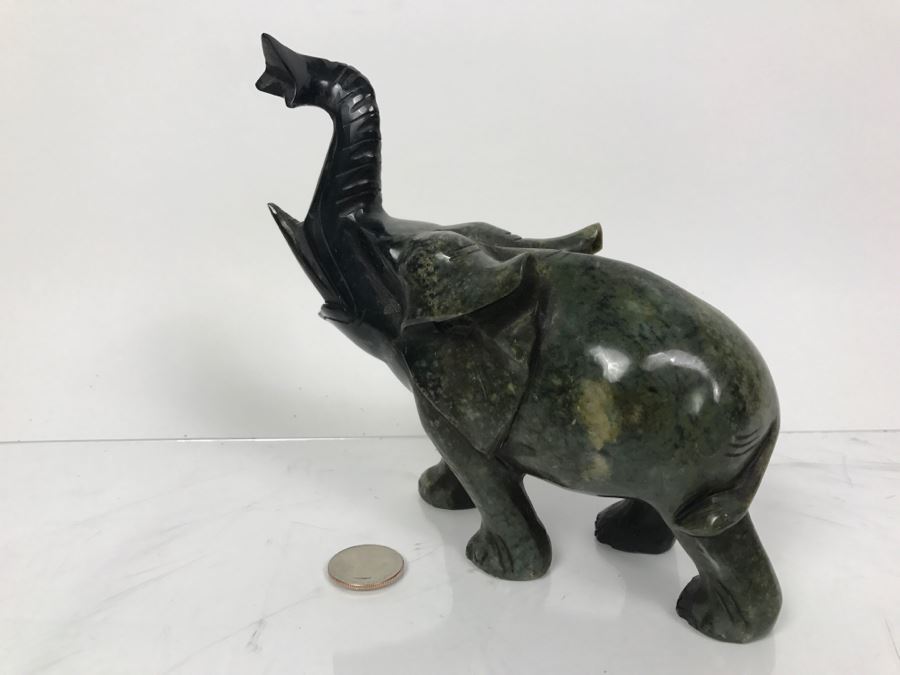 Hand Carved Green Stone Elephant Sculpture With Raised Trunk [Photo 12]