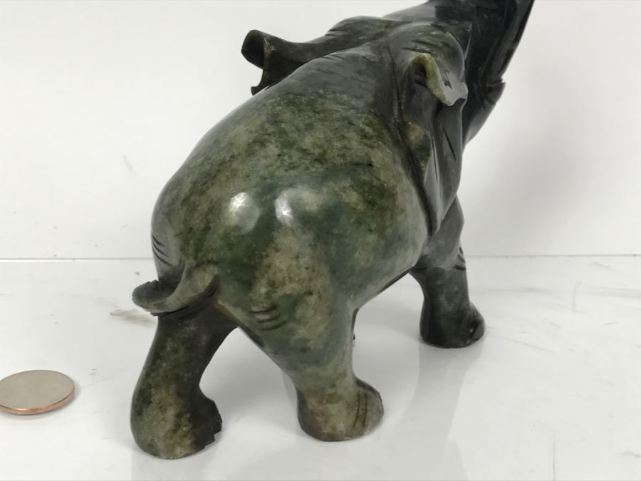 Hand Carved Green Stone Elephant Sculpture With Raised Trunk [Photo 10]