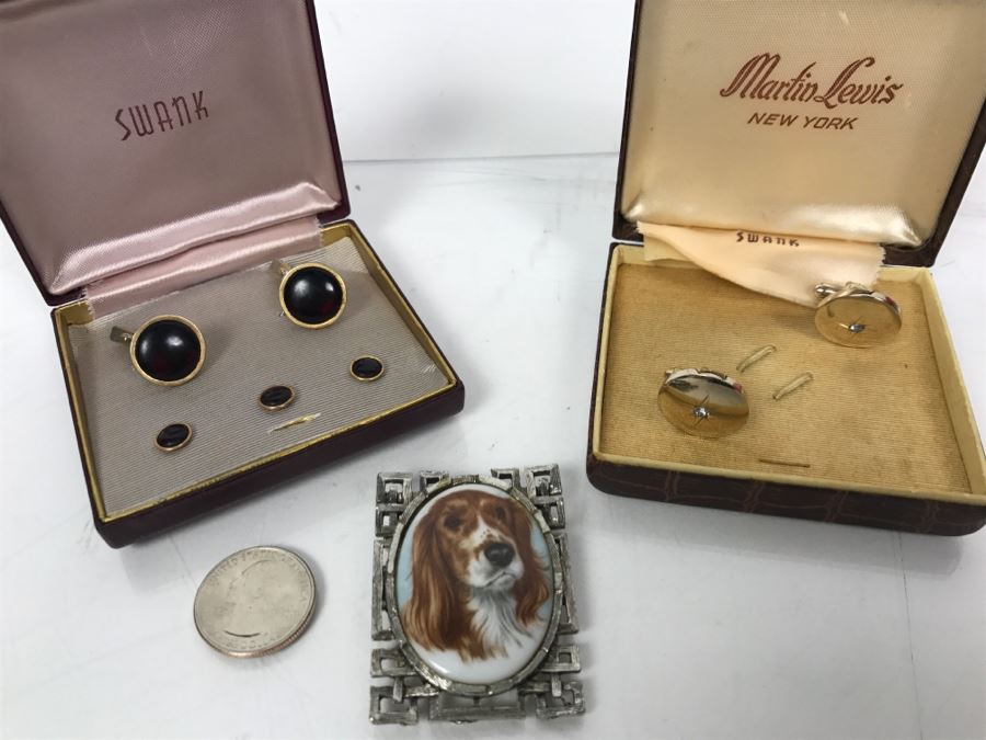 Pair Of Vintage SWANK Cufflinks Sets And Dog Brooch Pin [Photo 2]