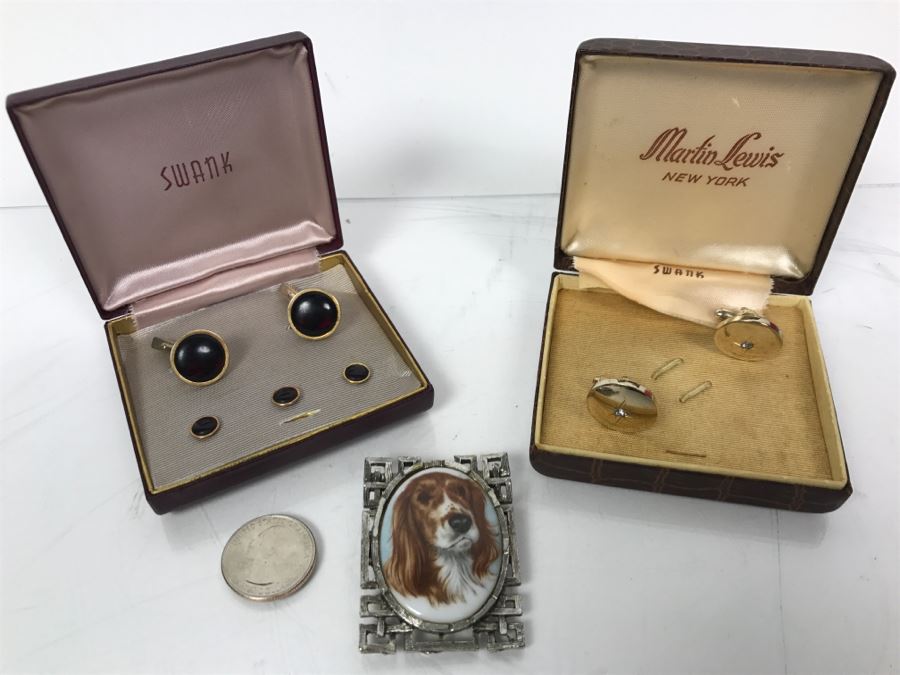 Pair Of Vintage SWANK Cufflinks Sets And Dog Brooch Pin