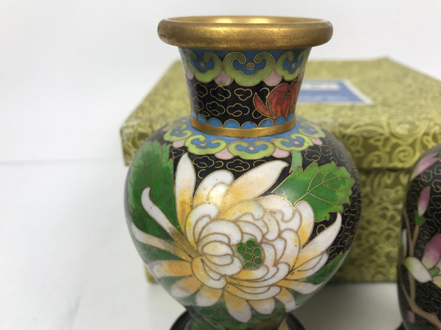Pair Of Signed Handmade Cloisonne Vases With Original Box [Photo 7]
