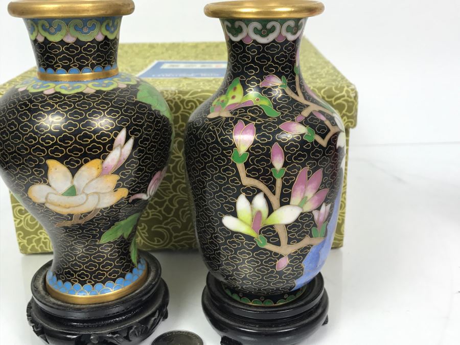 Pair Of Signed Handmade Cloisonne Vases With Original Box [Photo 14]