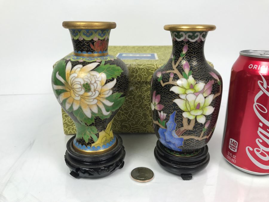 Pair Of Signed Handmade Cloisonne Vases With Original Box