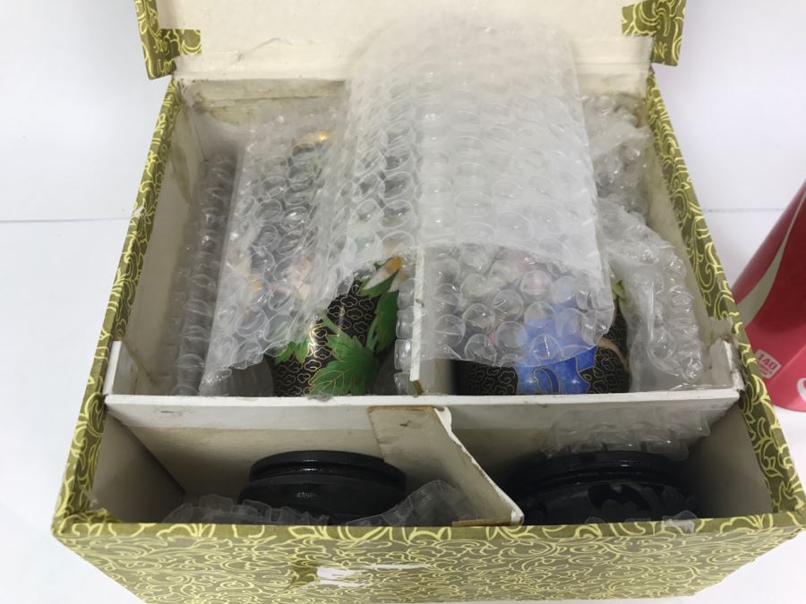 Pair Of Signed Handmade Cloisonne Vases With Original Box [Photo 5]