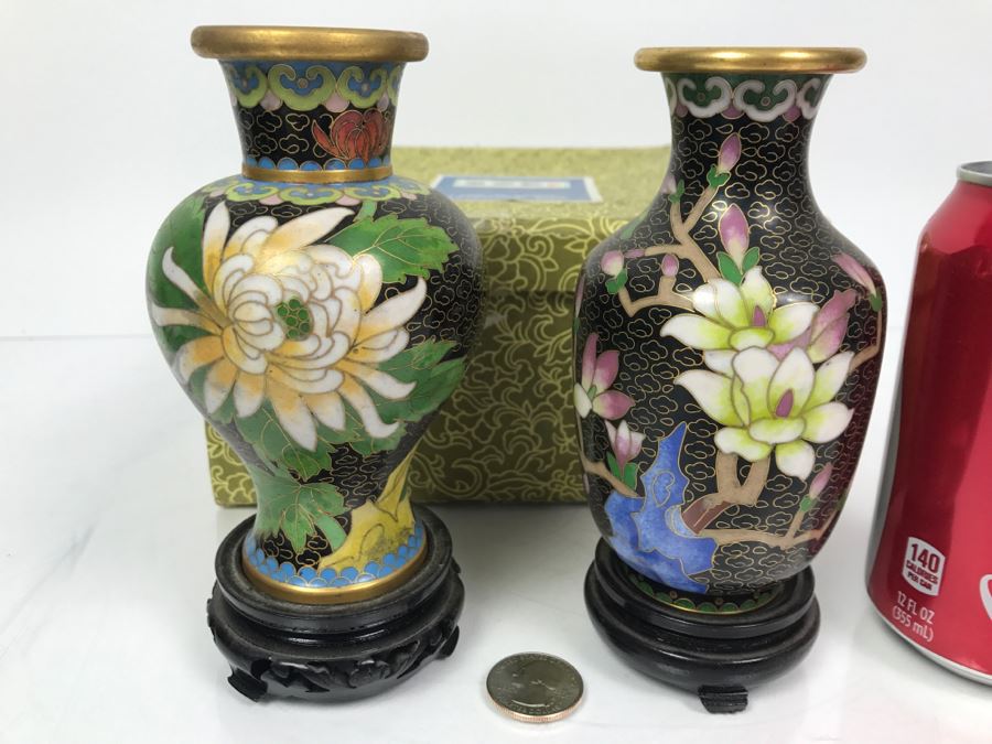Pair Of Signed Handmade Cloisonne Vases With Original Box [Photo 6]