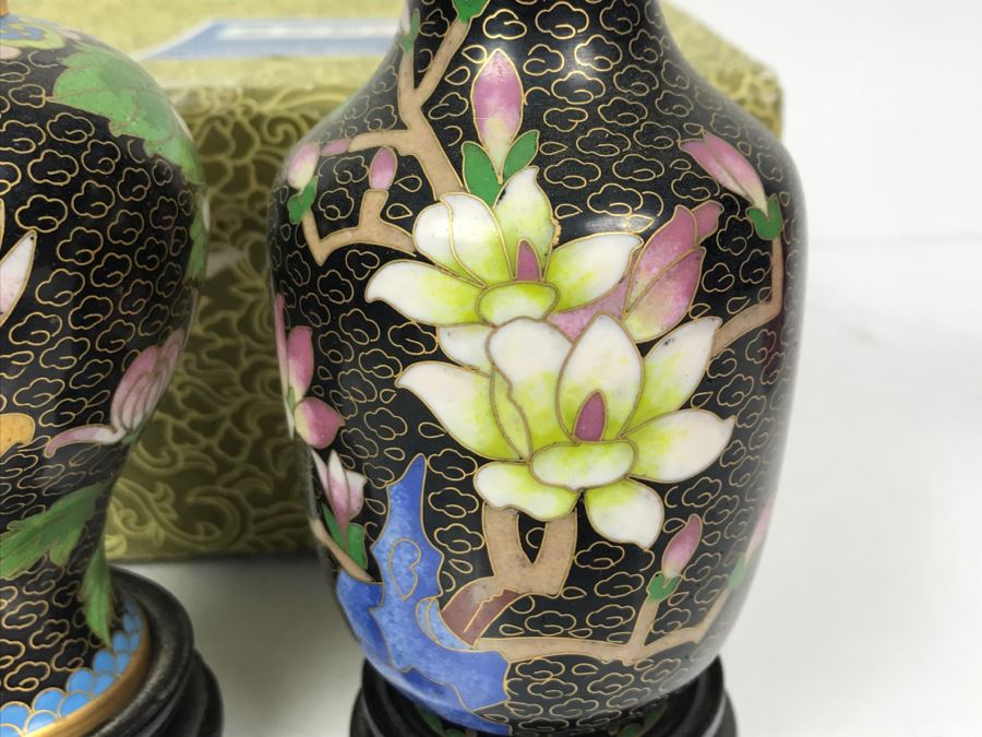 Pair Of Signed Handmade Cloisonne Vases With Original Box [Photo 13]