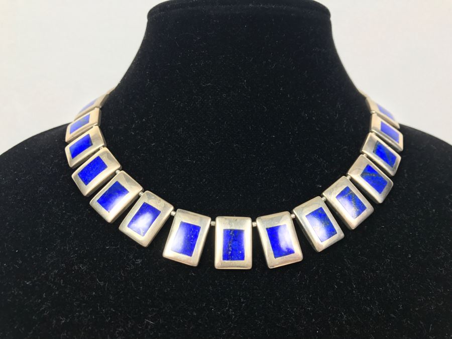 Sterling Silver And Lapis Lazuli Necklace Signed LW 42g [Photo 2]