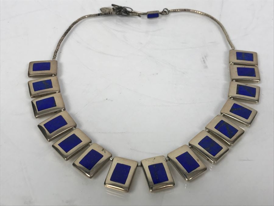 Sterling Silver And Lapis Lazuli Necklace Signed LW 42g [Photo 9]