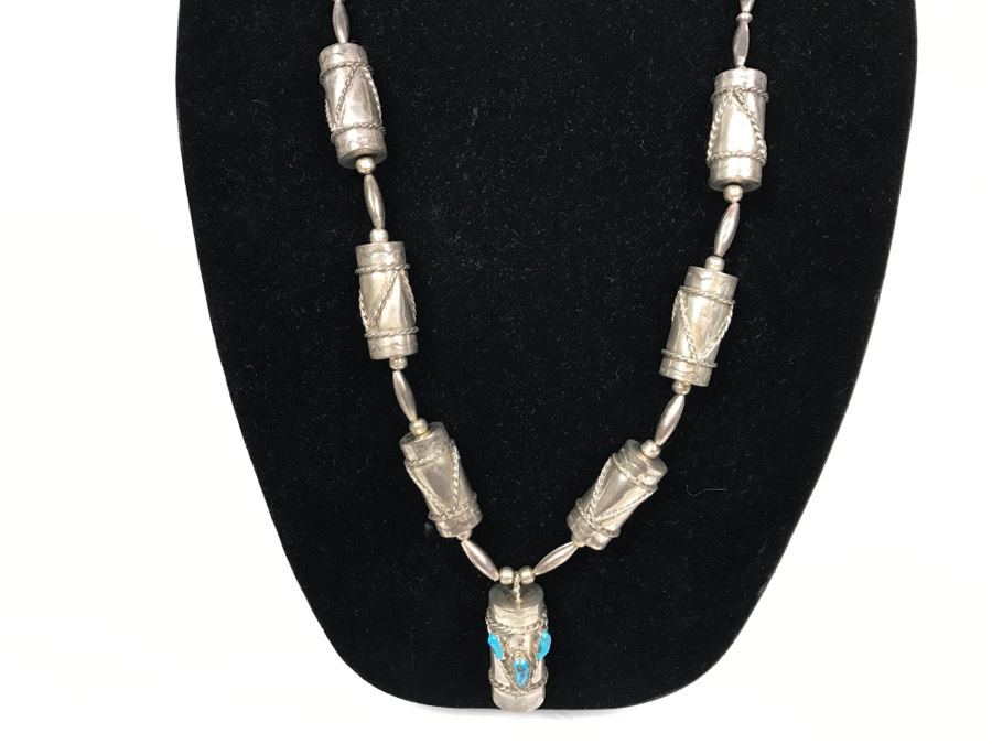 Sterling Silver And Turquoise Necklace Signed C.W. 77g [Photo 6]