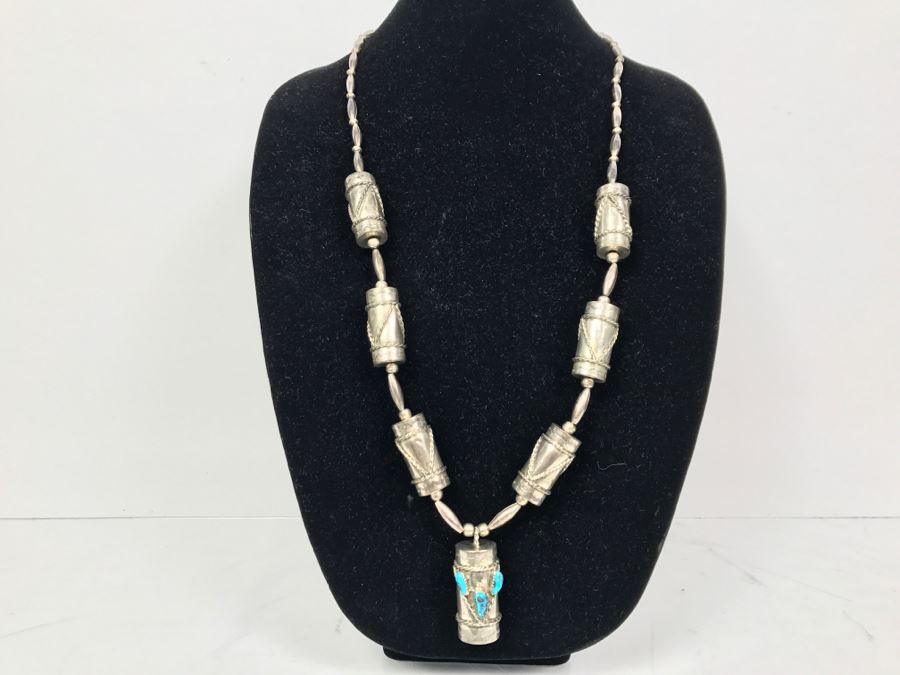 Sterling Silver And Turquoise Necklace Signed C.W. 77g [Photo 2]