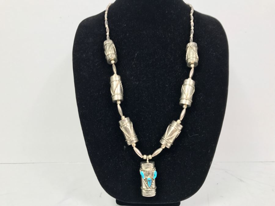 Sterling Silver And Turquoise Necklace Signed C.W. 77g [Photo 3]