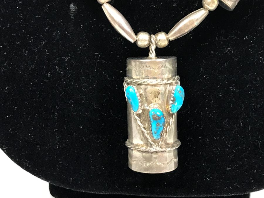 Sterling Silver And Turquoise Necklace Signed C.W. 77g [Photo 4]