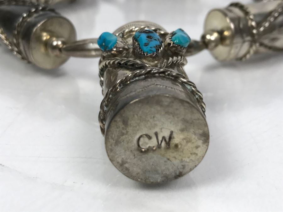 Sterling Silver And Turquoise Necklace Signed C.W. 77g [Photo 9]