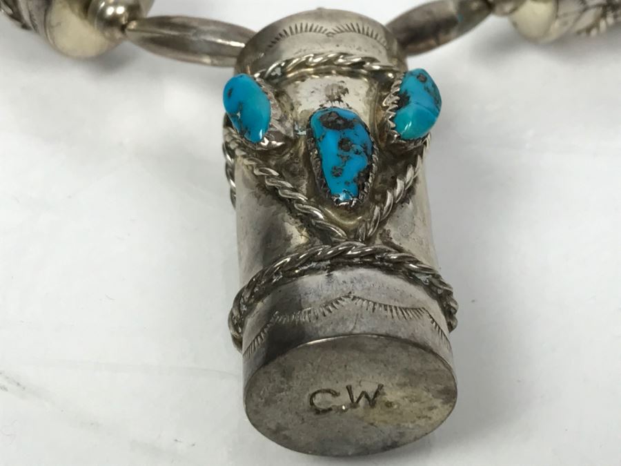 Sterling Silver And Turquoise Necklace Signed C.W. 77g [Photo 11]