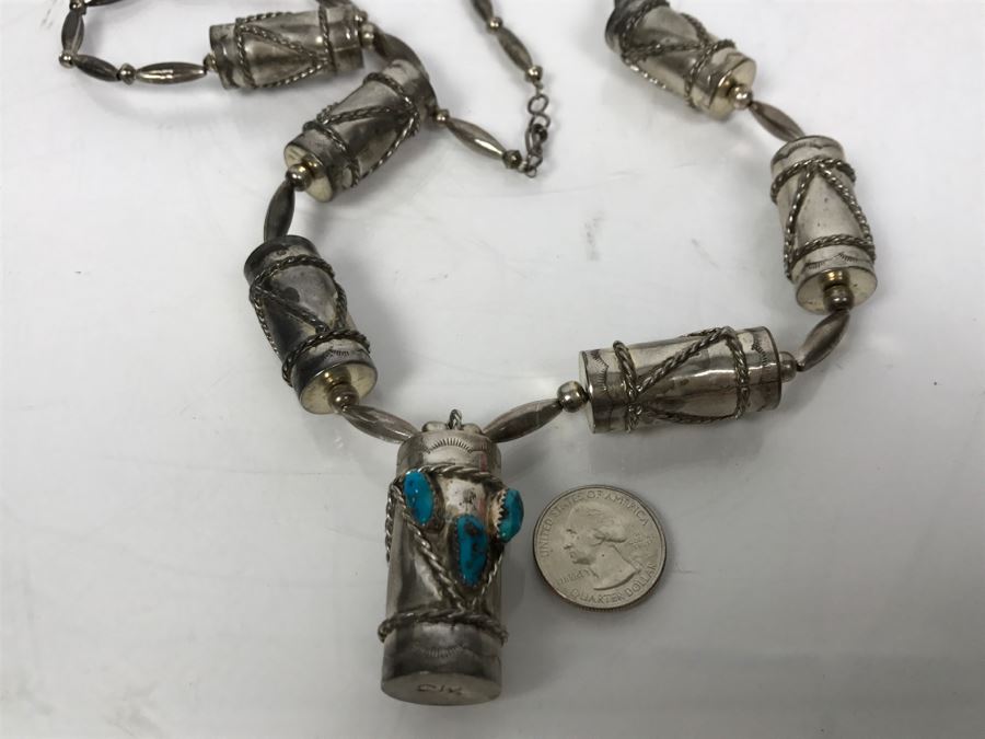 Sterling Silver And Turquoise Necklace Signed C.W. 77g [Photo 13]
