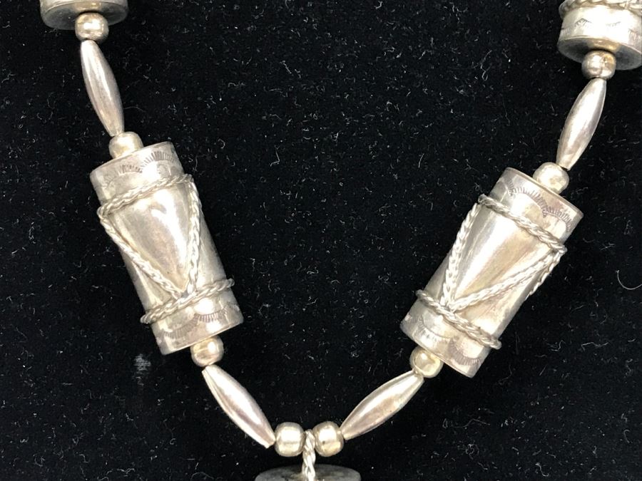 Sterling Silver And Turquoise Necklace Signed C.W. 77g [Photo 5]