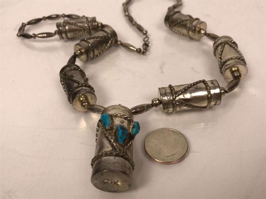 Sterling Silver And Turquoise Necklace Signed C.W. 77g [Photo 12]