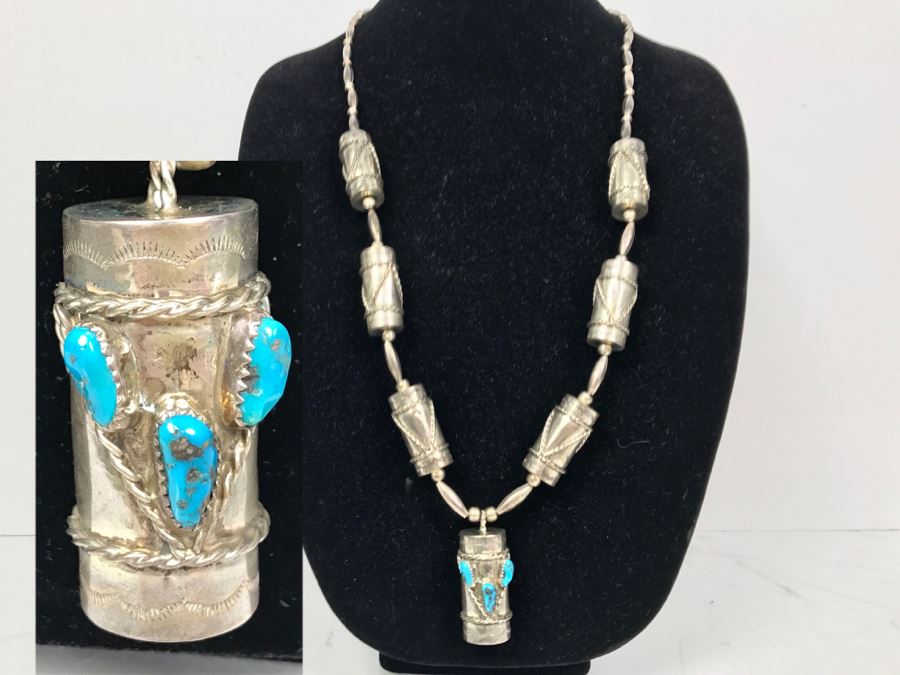 Sterling Silver And Turquoise Necklace Signed C.W. 77g [Photo 1]