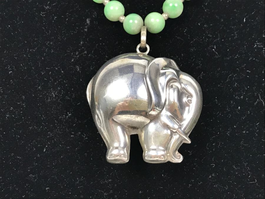 Sterling Silver Elephant Pendant Necklace With Stones And Sterling Beads 70g [Photo 4]