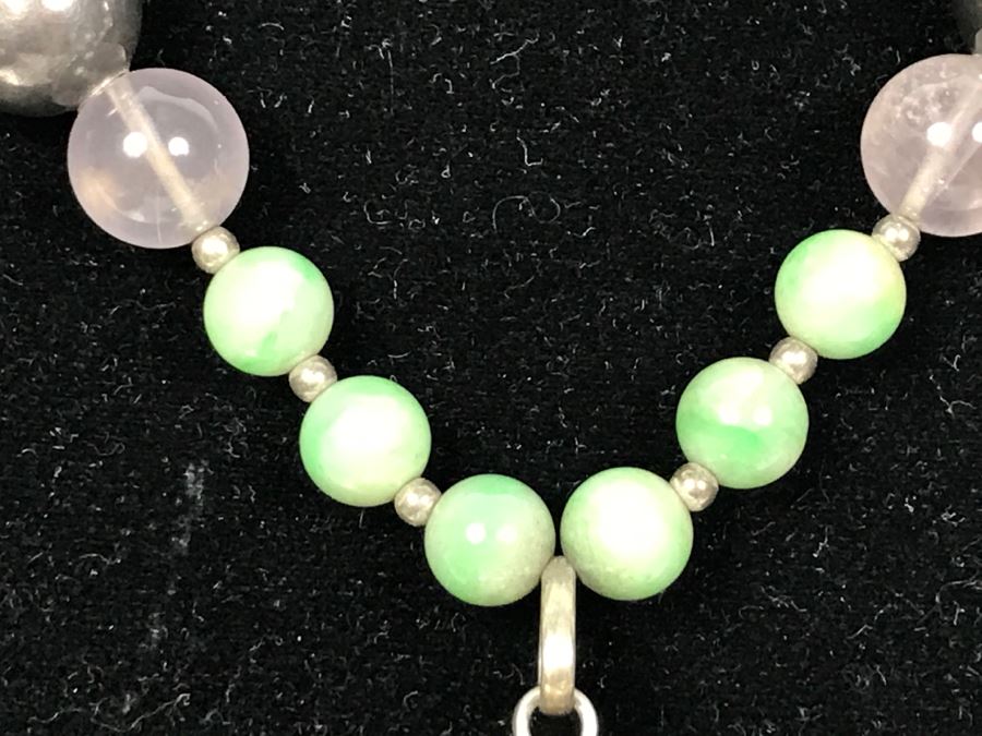 Sterling Silver Elephant Pendant Necklace With Stones And Sterling Beads 70g [Photo 6]